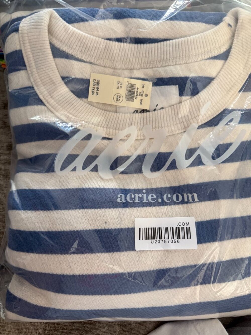 NWT - Size XL - Blue & White Striped Aerie Go-To Crewneck Sweatshirt - Picture 4 of 4